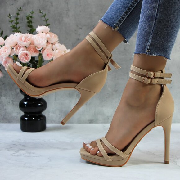Women's Double Ankle Strap High Heel Sandals Stiletto Platform Dress Shoes - Picture 4 of 6